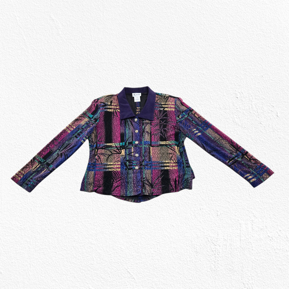 Vintage 90s Purple Jacquard Dress Set Jacket Career Party Two Piece Set Size 12 - Picture 8 of 16